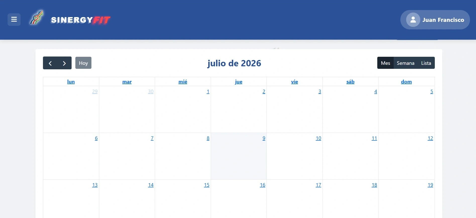 Calendario de entrenamientos de SinergyFit